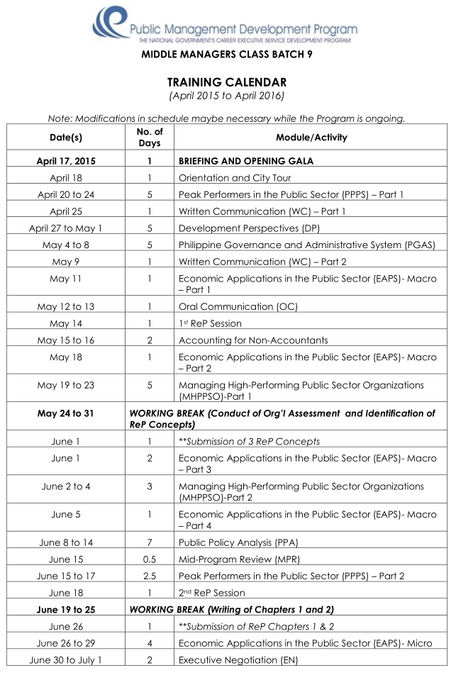 DAP PMDP MMC9 Training Calendar DAP PMDP